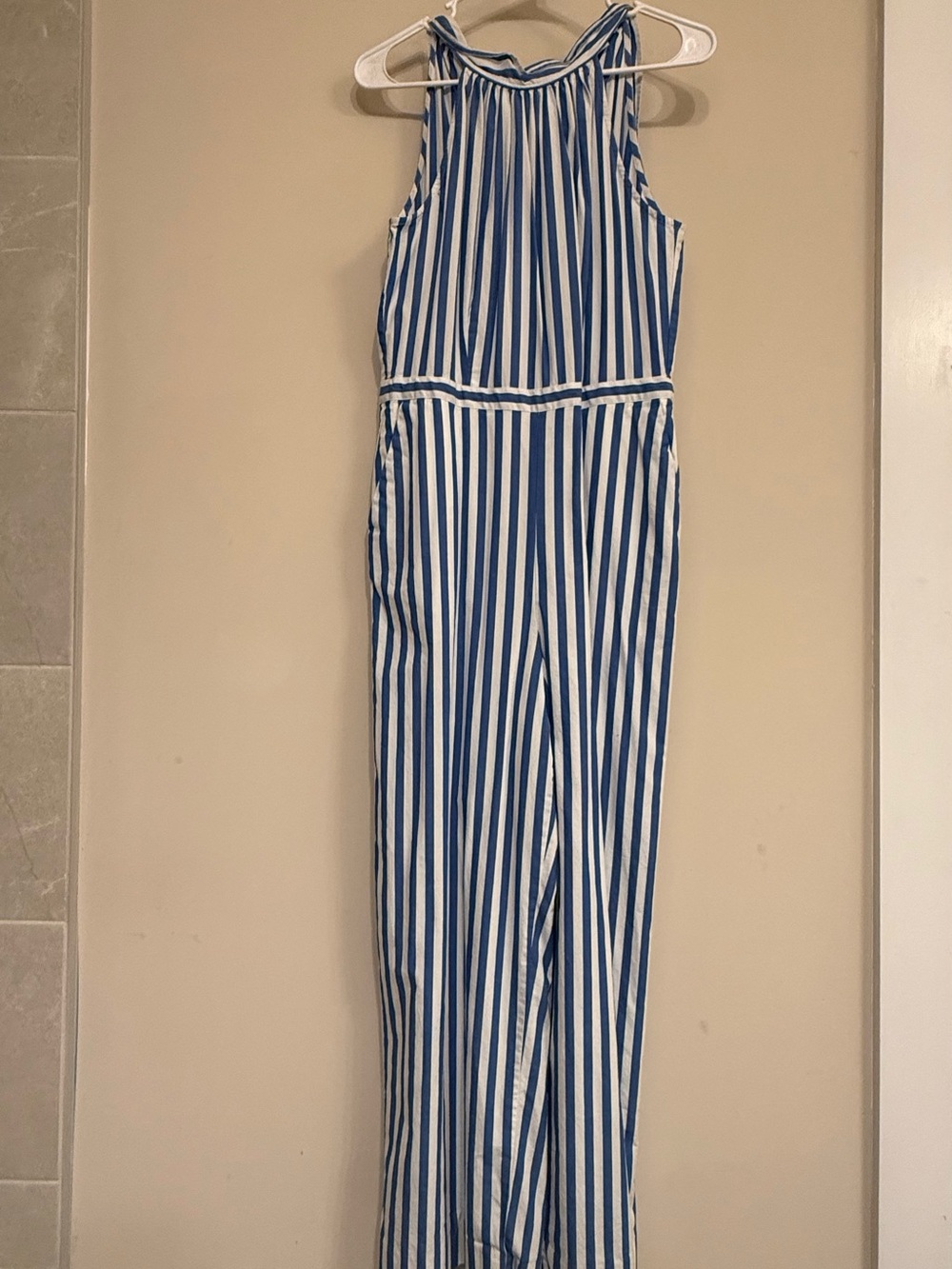 J. Crew Blue and White Vertical Stripe Sleeveless Jumpsuit